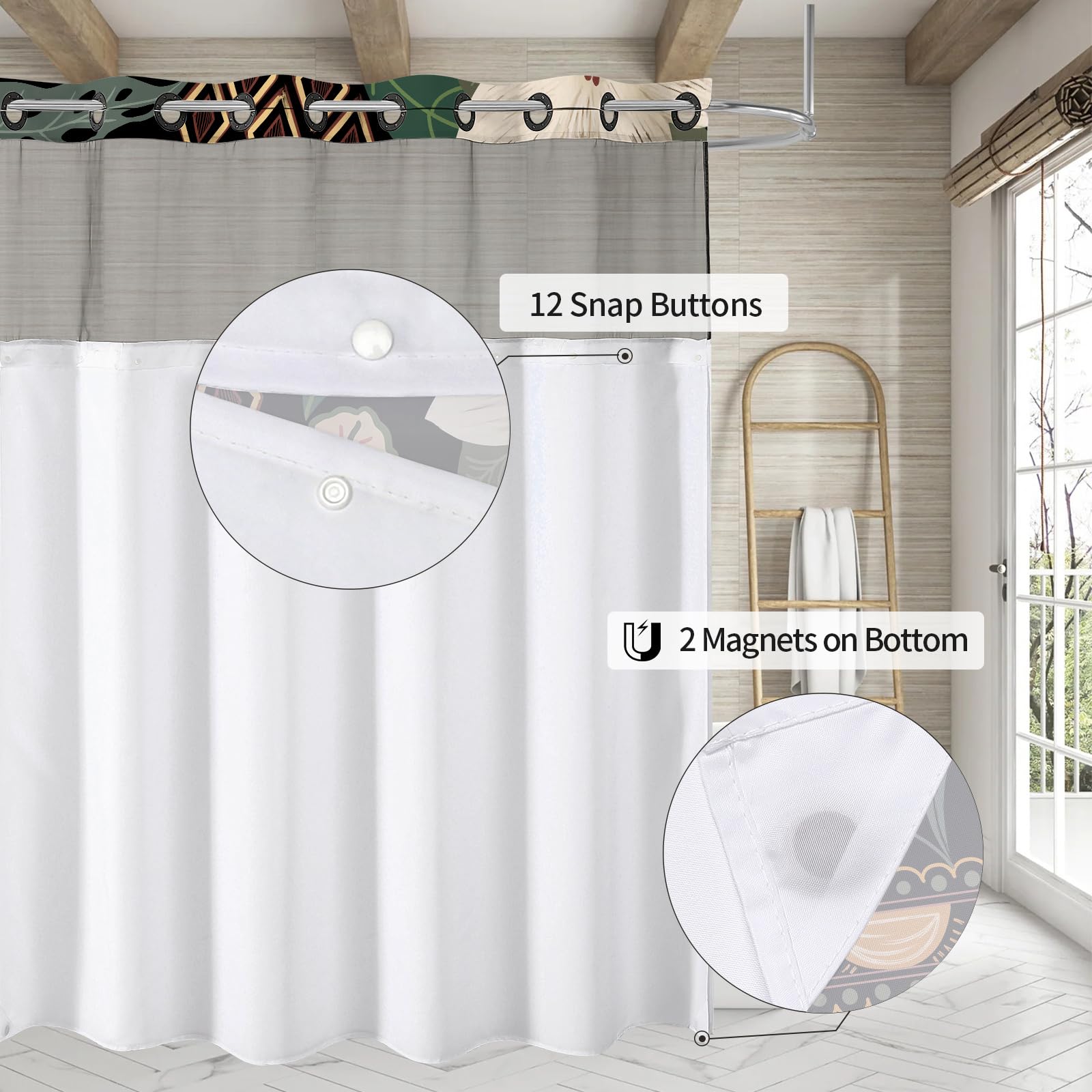 Mitovilla No Hooks Needed Boho Floral Shower Curtain Set With Snap-In Liner, Modern Abstract Heavy Duty Fabric Cloth Shower Curt